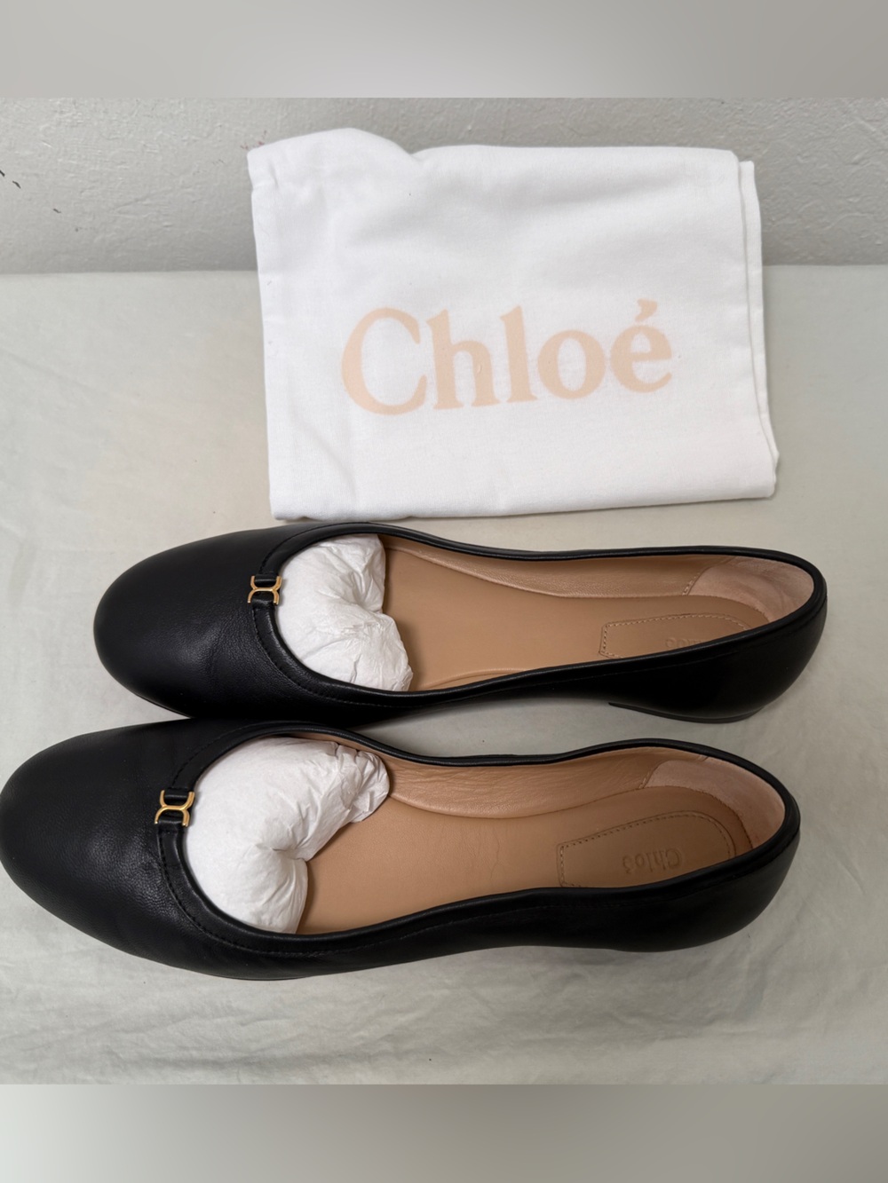 Chloé Marcie Round Toe Ballerina Flats Black Leather Size 40 NWT Box Dust Bag